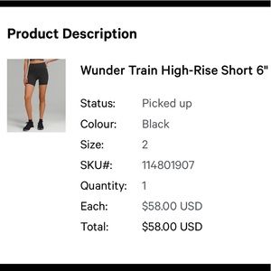 Black Lululemon wunder train, 6inch inseam, training shorts.